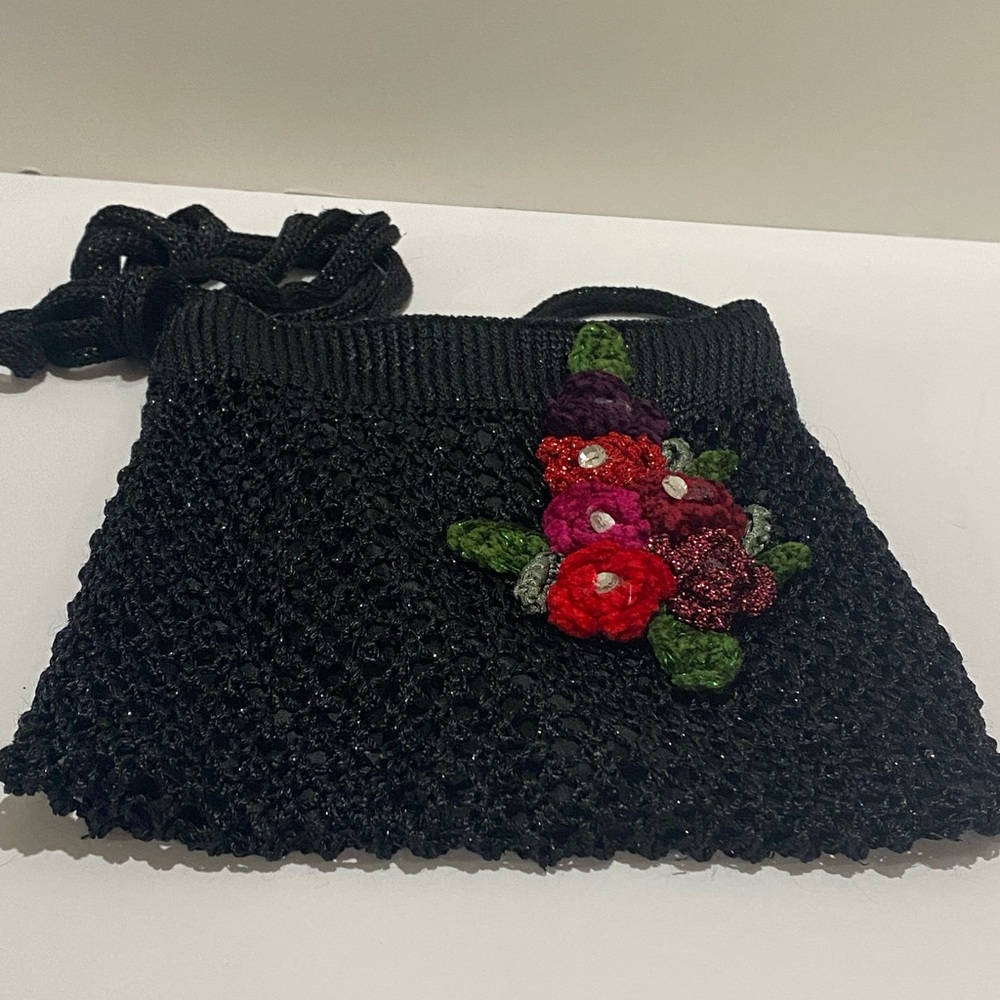 Petro Zillia Black Crochet Shoulder Bag Floral Crochet & Beaded Applique